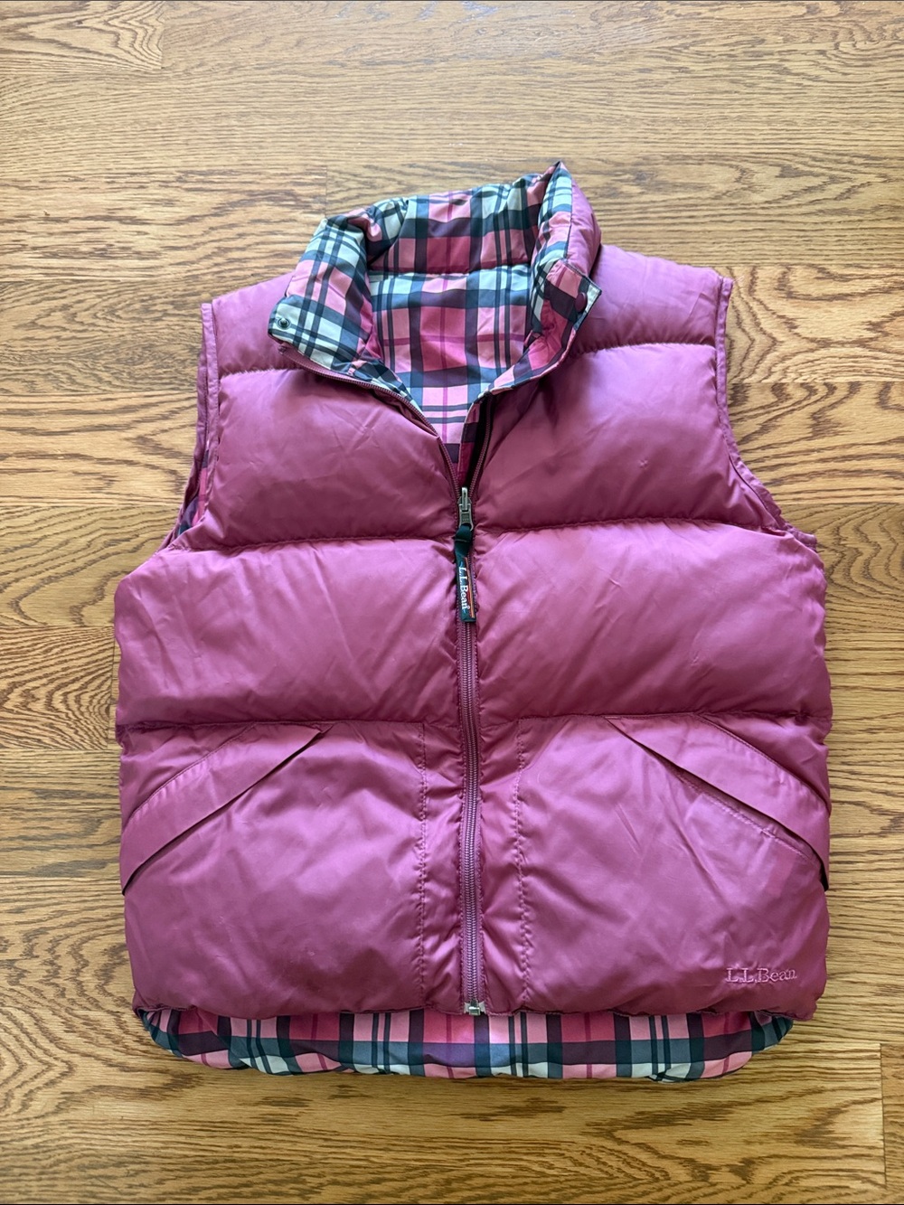 L.L. Bean Pink Reversible Kids Puffer Vest with Plaid Lining